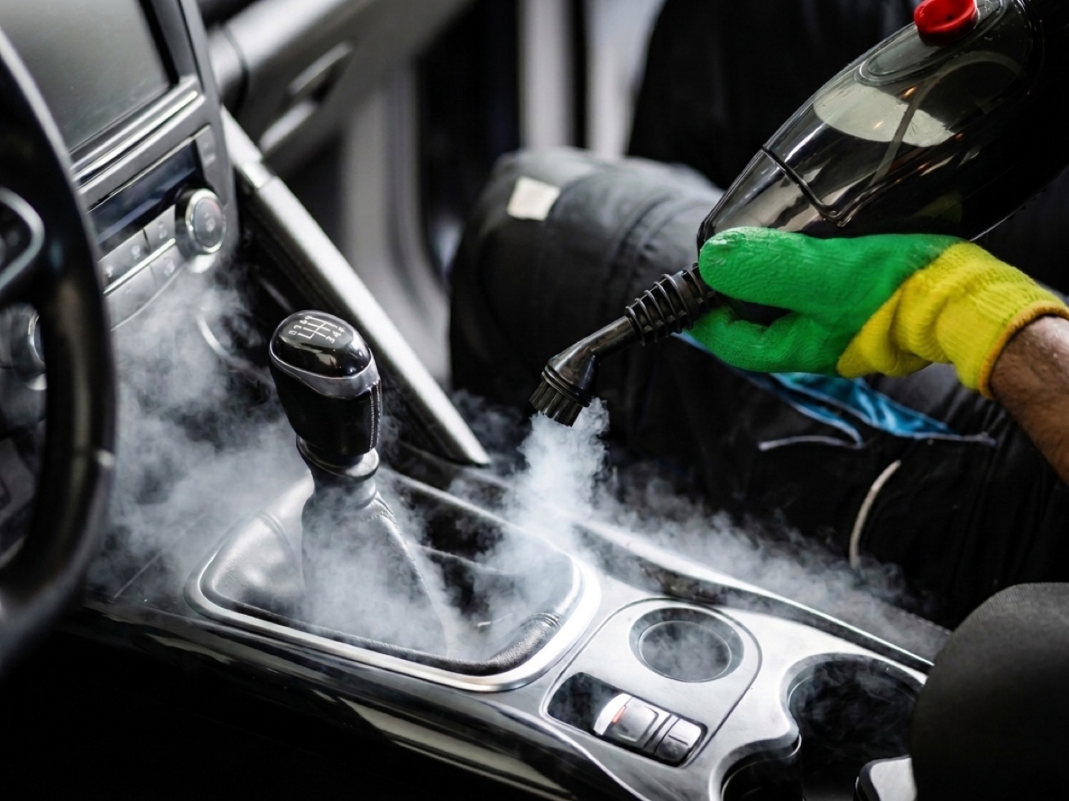 A car interior being steam-cleaned during a professional detail at AutoDrive Salisbury Plain